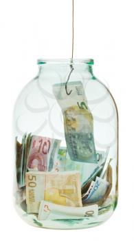 get out saving euro money from glass jar isolated on white background