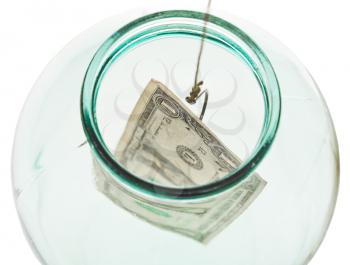 top view of catching the last dollar from glass jar isolated on white background