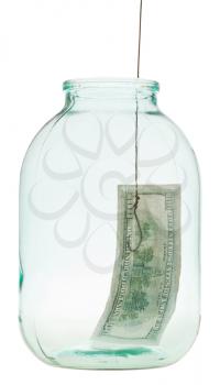 fishing out 100 dollars banknote from glass jar isolated on white background
