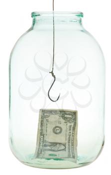 last dollar and fishhook in glass jar isolated on white background