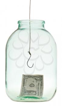 one dollar banknote and fishhook in glass jar isolated on white background