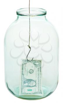 one dollar money and fishhook in glass jar isolated on white background