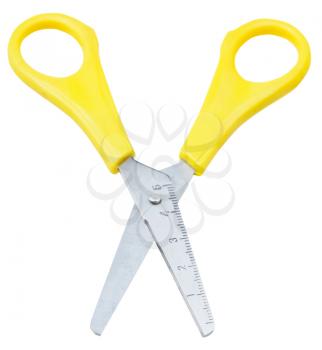 school scissors for paper with yellow handles isolated on white background