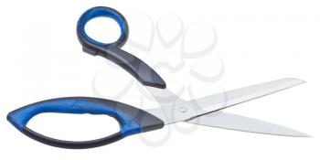 open modern sewing shears with black and blue handles isolated on white background