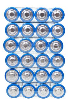 top view of pack AA electric batteries isolated on white background