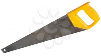 crosscut hand saw with yellow handle isolated on white background