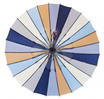 back view of open striped multicolored umbrella isolated on white background