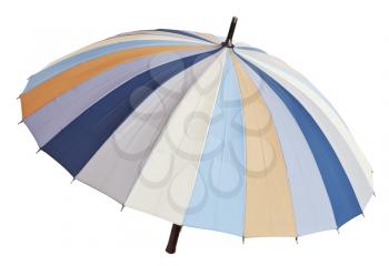 above view of open striped multicolored umbrella isolated on white background