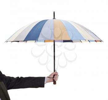 man holdind open striped umbrella isolated on white background