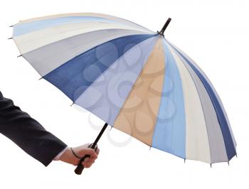 man's hand with open multicolored umbrella isolated on white background