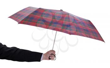 male hand with small open telescopic umbrella isolated on white background