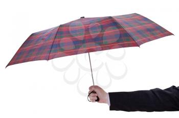 man holdind open checkered umbrella isolated on white background