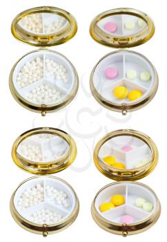 compact pill boxes with mirror and sugar homeopathy balls and tablets isolated on white background