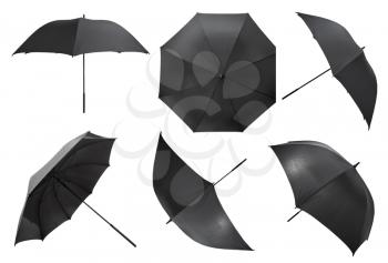 set of open black large umbrellas isolated on white background