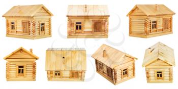views of simple village wooden log house isolated on white background