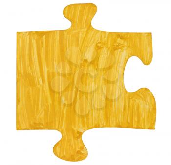 one painted yellow piece of jigsaw puzzle isolated on white background