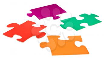 four cardboard flat jigsaw puzzle pieces isolated on white background