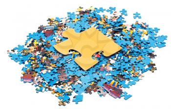 one big yellow piece on pile of disassembled little blue jigsaw puzzles isolated on white background