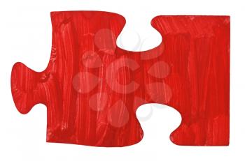 one hand painted red piece of jigsaw puzzle isolated on white background