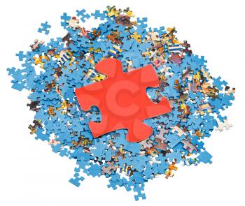 one big red piece on pile of disassembled little blue jigsaw puzzles isolated on white background