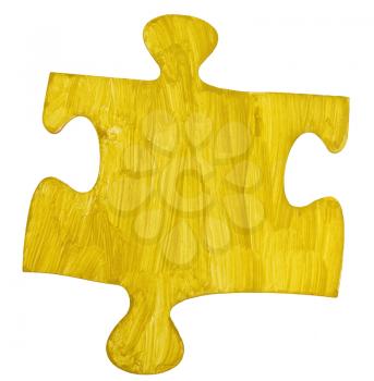 one yellow painted paper piece of jigsaw puzzle isolated on white background