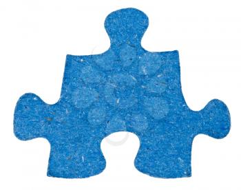 cardboard blue piece of jigsaw puzzle isolated on white background