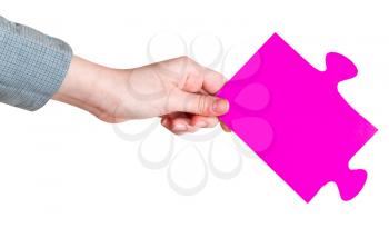 female hand holding big pink paper puzzle piece isolated on white background