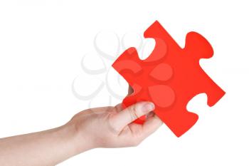 female hand holding big red paper puzzle piece isolated on white background