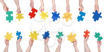 set different puzzle pieces in people hands isolated on white background