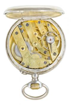 top view of brass movement of retro silver pocket watch isolated on white background