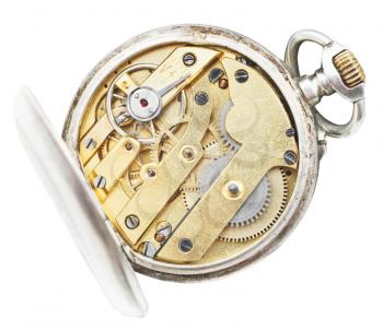 above view of brass movement of vintage pocket watch isolated on white background