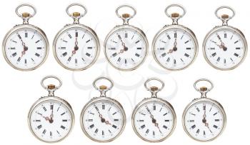 set of retro pocket watches with different time isolated on white background