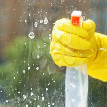soapy detergent on window glass during washing from spray bottle
