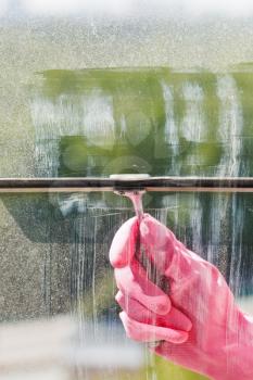 hand in pink glove washes home window pane by squeegee in spring day