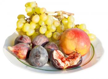 autumn seasonal fruits on plate isolated on white background