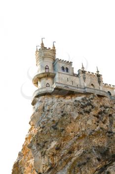 Swallow's Nest castle on top of Aurora rock in Crimea isolated on white background