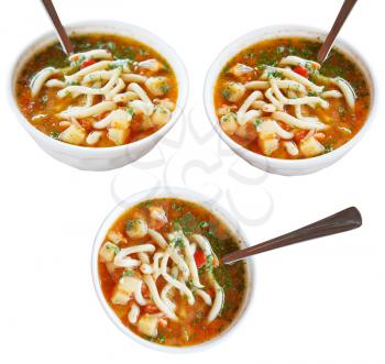 three bowls with laghman soup isolated on white background