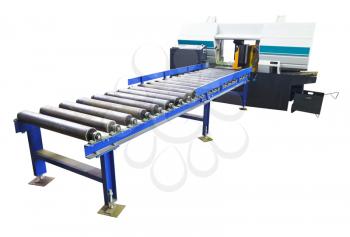 two-column band saw machine for vertical cuts with feeder isolated on white background
