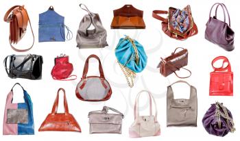 collection of ladies handbags isolated on white background