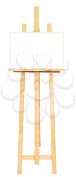 wooden easel with picture frame with cut out canvas isolated on white background