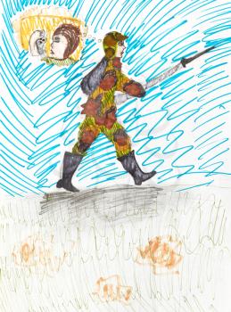 child's drawing - soldier is coming forward and remembers family