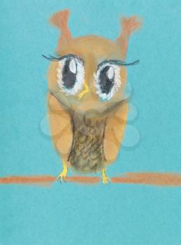 child's drawing - owl sitting on tree branch
