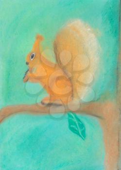 child's drawing - squirrel on tree branch nibbles nut