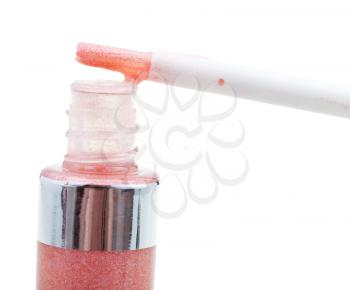 tip of brush with pink lip gloss close up