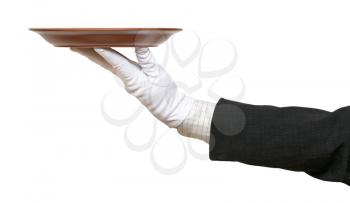 side view of arm in white glove with empty flat brown plate isolated on white background