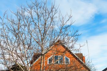 blue sky and brick rural house in sunny spring day