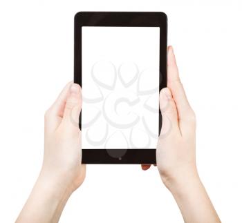 hands holding touchpad with cut out screen isolated on white background