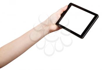 hand holding tablet-pc with cutout screen isolated on white background
