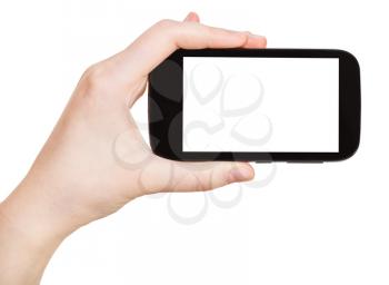 hand holding smart phone with cut out screen isolated on white background
