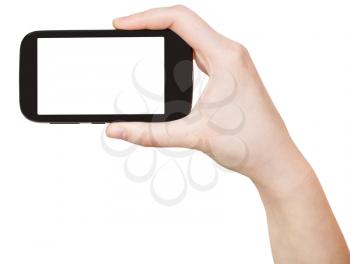 hand holding touchscreen phone with cut out screen phone isolated on white background
